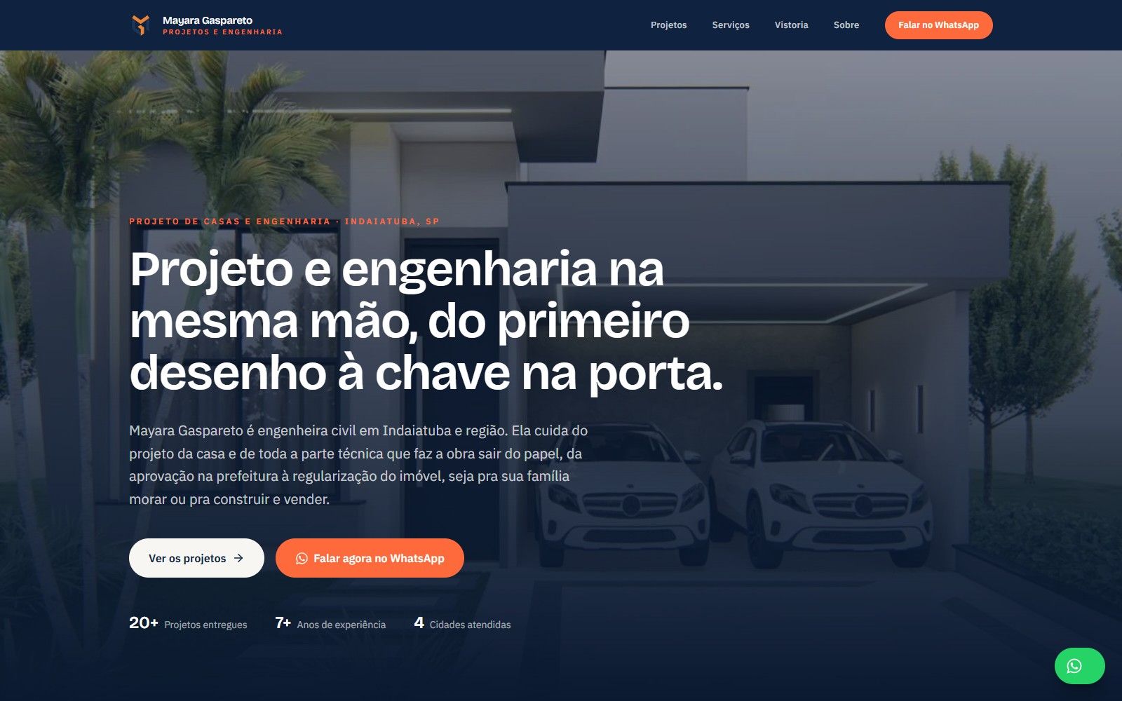 Primeira tela do site de Mayara Gaspareto, com o título Projeto e engenharia na mesma mão sobre a foto de uma casa