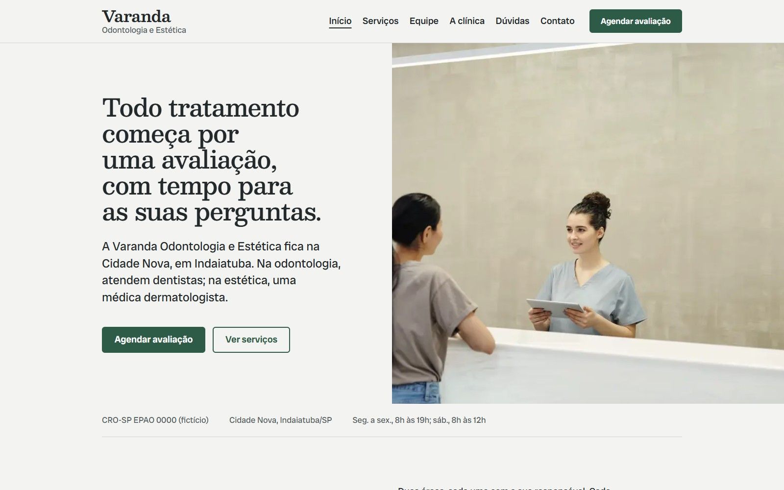 Primeira tela do site Varanda, com o título Todo tratamento começa por uma avaliação e a foto de uma recepção de clínica